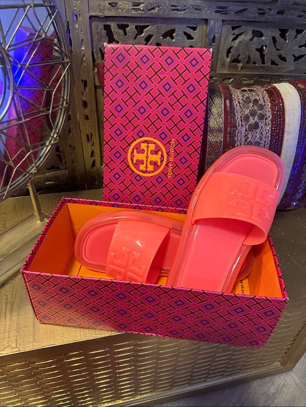 Tory Burch Neon Pink Logo Slide Sandals